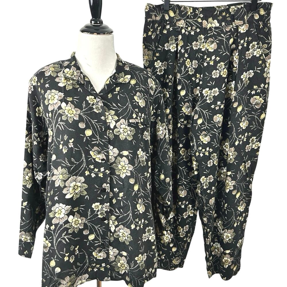 Vintage Forenza 2 Piece Floral Pant Set Small Rayon Button Top Pull On Pants